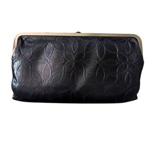 HOBO Lauren Double Frame Clutch/Wallet  Black Floral Embossed Boho